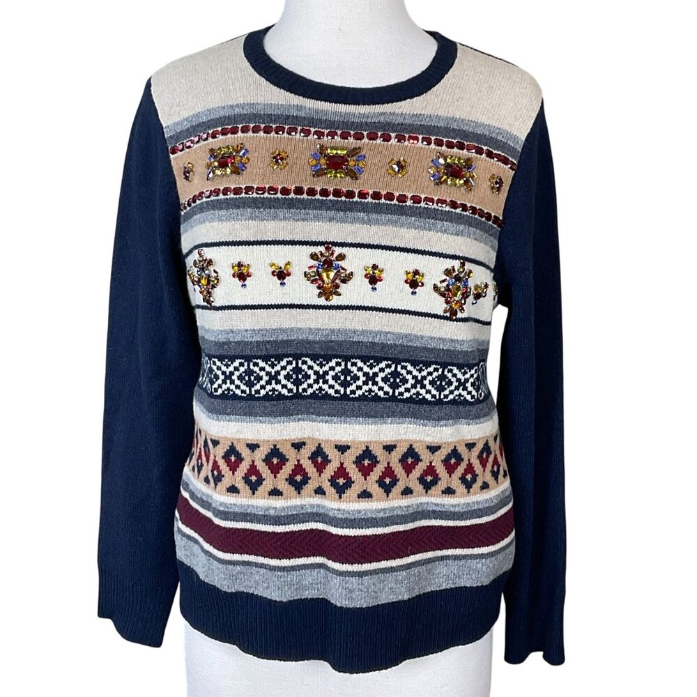 J.Crew Jeweled Fair Isle Stripe Crewneck 100% Wool Long Sleeve Sweater LG